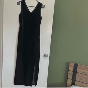 90s vintage fashion bug black velour high slit front sleeveless vneck midi dress